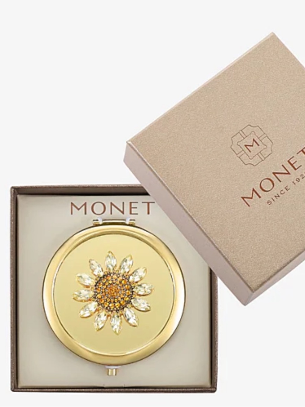 Monet Gold Floral Sunflower Jeweled Compact Mirror - Picture 5 of 7